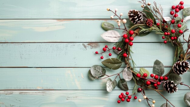 Photo festive wreath with red berries and pinecones on a rustic green background