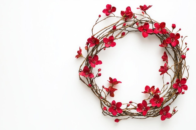 Festive wreath with red flowers and green leaves on white background Generative AI