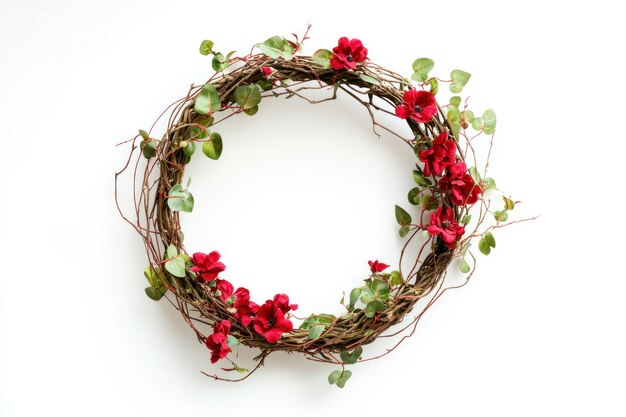 Festive wreath with red flowers and green leaves on white background Generative AI