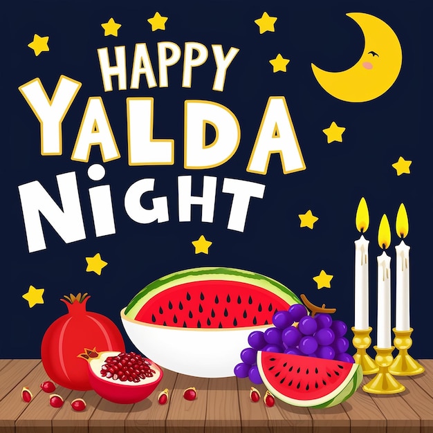 Photo festive yalda night illustration bright stars moon fruit and candles