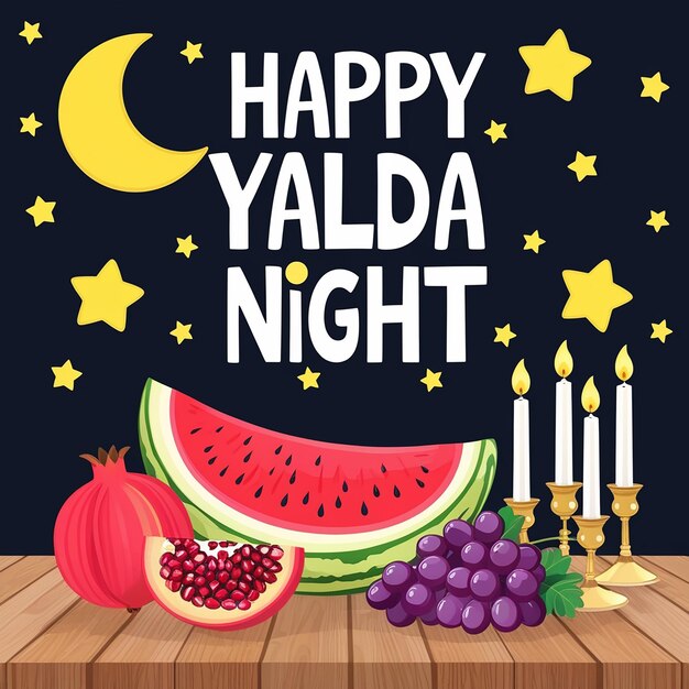 Festive Yalda Night Illustration Bright Stars Moon Fruit and Candles