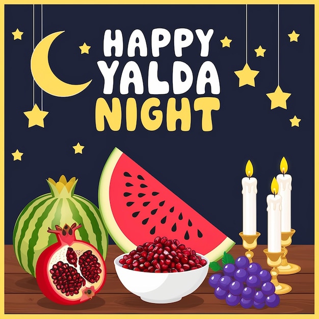 Festive Yalda Night Illustration Bright Stars Moon Fruit and Candles