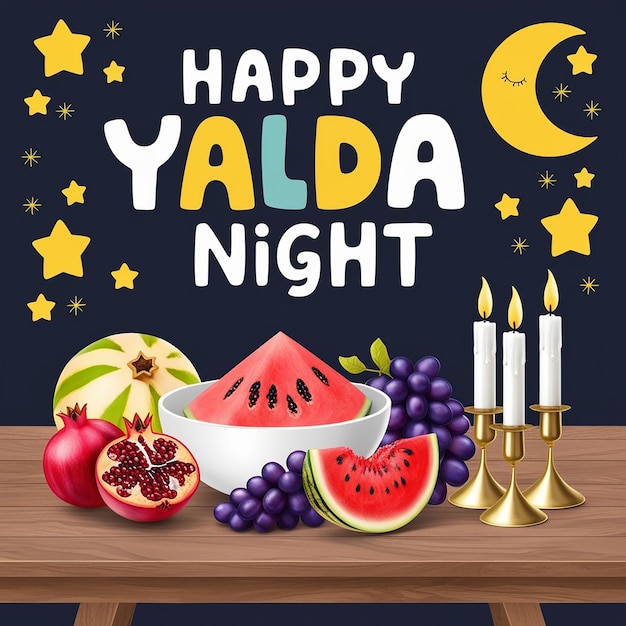 Photo festive yalda night illustration bright stars moon fruit and candles