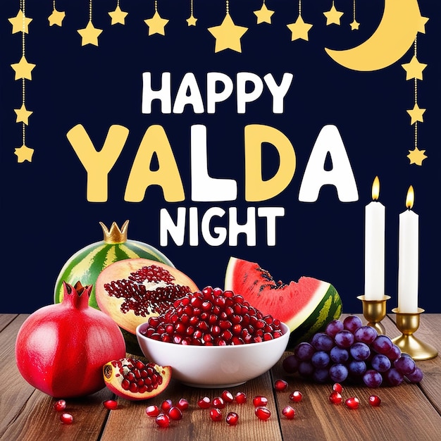 Photo festive yalda night illustration bright stars moon fruit and candles