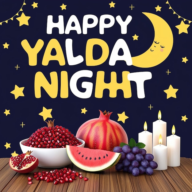 Photo festive yalda night illustration bright stars moon fruit and candles