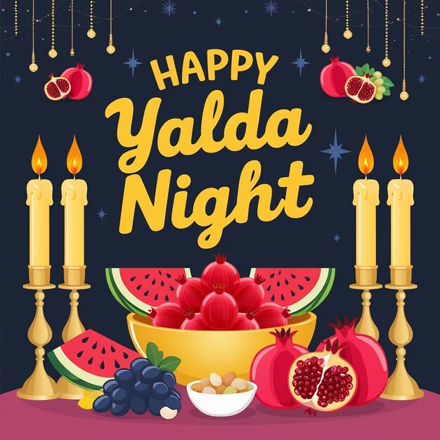 Photo festive yalda night illustration bright yellow happy yalda night on blue