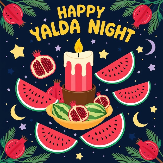 Festive Yalda Night Illustration Candle Fruits and Starry Night in Whimsical Style