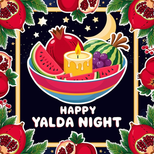 Photo festive yalda night illustration fruits candle moon and stars in vibrant colors