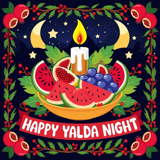 Festive Yalda Night Illustration Pomegranates Candle Moon Stars in Frame