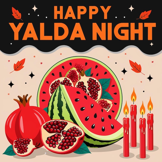 Festive Yalda Night Illustration Pomegranates Watermelon Candles Starry Sky