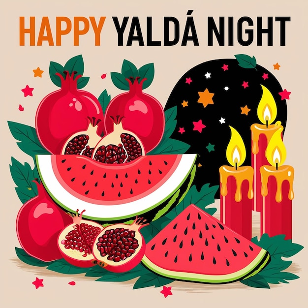 Festive Yalda Night Illustration Pomegranates Watermelon Candles Starry Sky