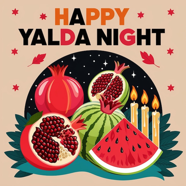 Festive Yalda Night Illustration Pomegranates Watermelon Candles Starry Sky