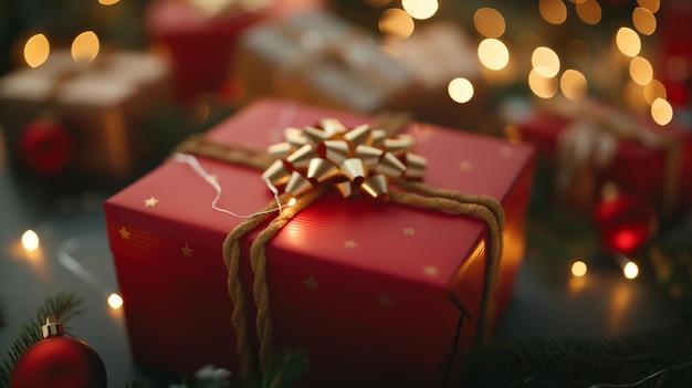 Festively Wrapped Red Gift Boxes Surrounded by Warm String Lights and Christmas Decorations