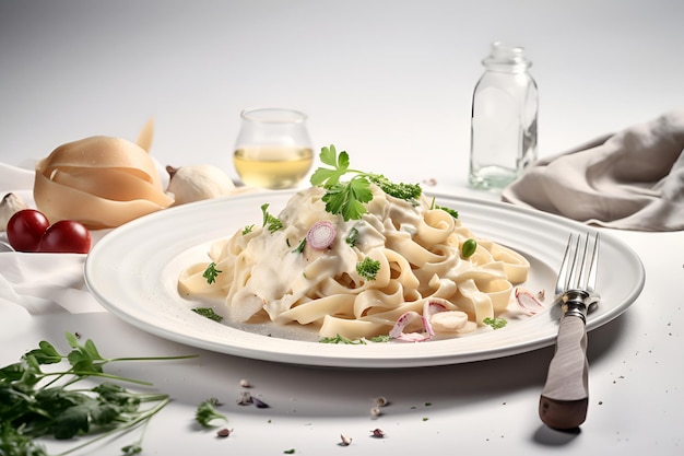 Photo fettuccine alfredo pasta with white cream sauce on the plate italian food