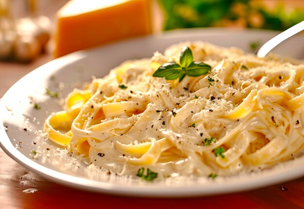 Photo fettuccine alfredo with basil on a white plate on a wooden table