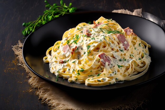 Fettuccine cooked from scratch with a white cream sauce eggs hard cheese cured pork and black pepper in fettuccine Carbonara Italian cuisine