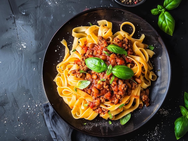 Fettuccine Pasta with Bolognese Sauce and Beans Garnished with Basil