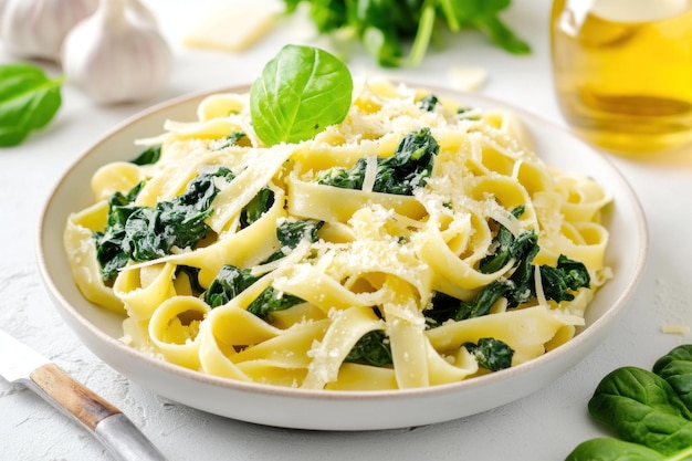 Photo fettuccine pasta with spinach and grated cheese on white plate