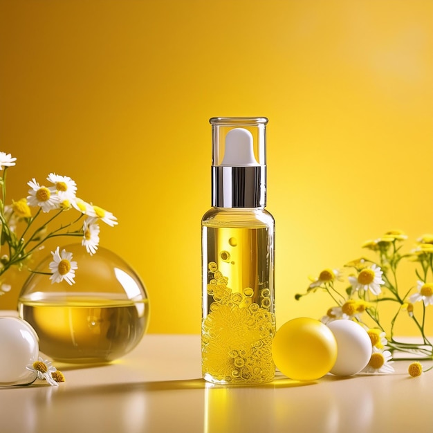 Feverfew Extract Cosmetics Mockup Scene on Vibrant Yellow Background