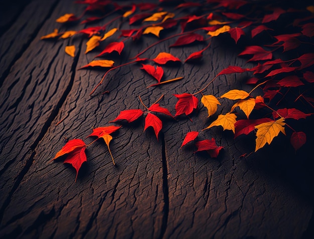 A few autumn leaves on a wooden surface