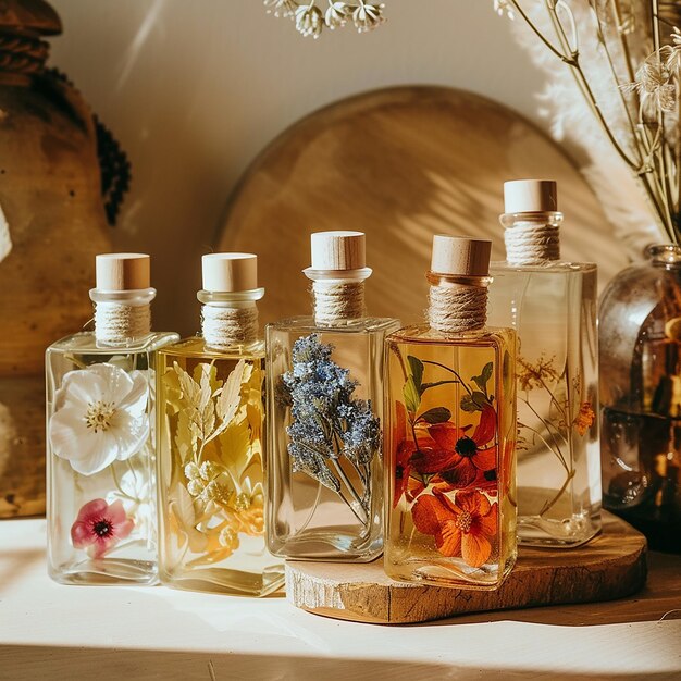 Photo a few bottles of perfume are on a table with flowers in them