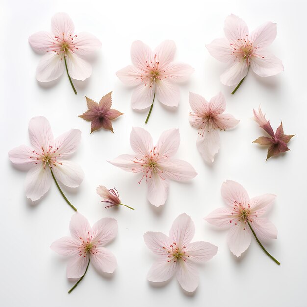 Few Castor Flowers Spread Apart on White from Top View