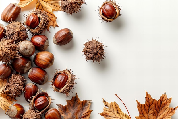 A few chestnuts scattered on the white background