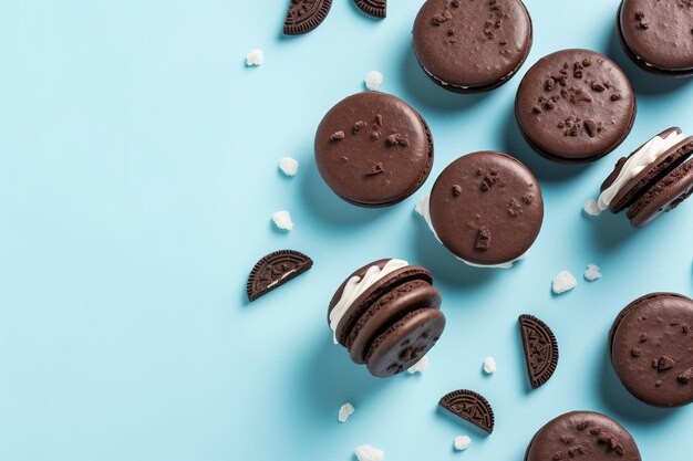 A few chocolate covered oreo cookies are scattered on a blue background.