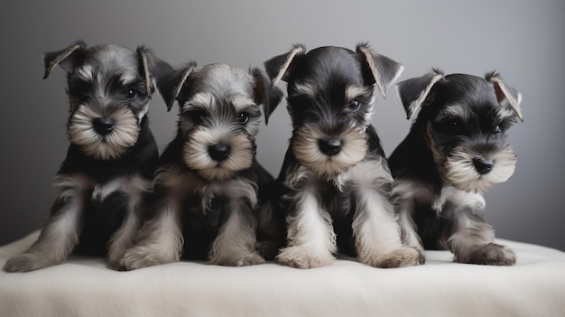 Few cute miniature schnauzer puppies on a minimalist backdrop Generative AI