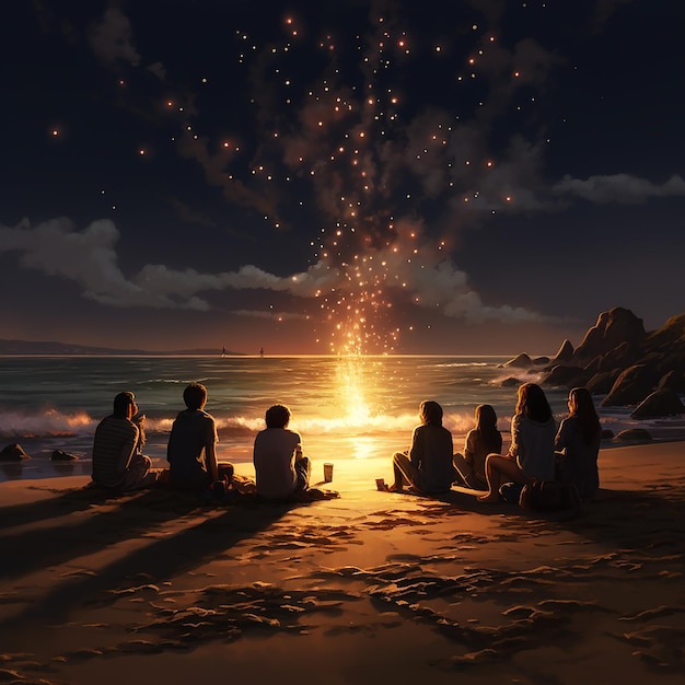 A few friends enjoying a bonfire on the beach under the starry sky