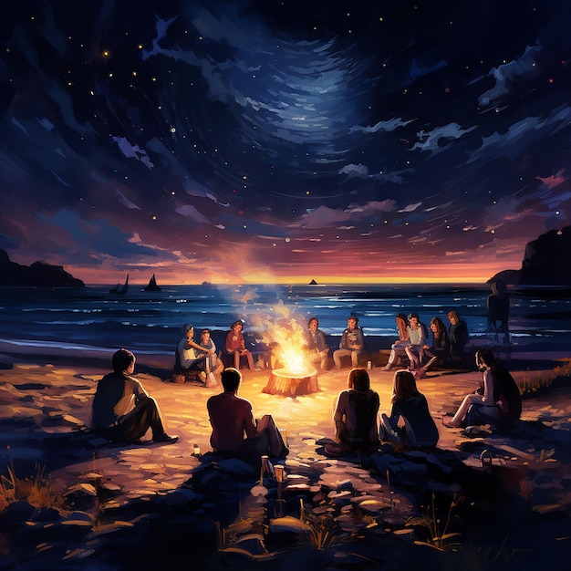 A few friends enjoying a bonfire on the beach under the starry sky