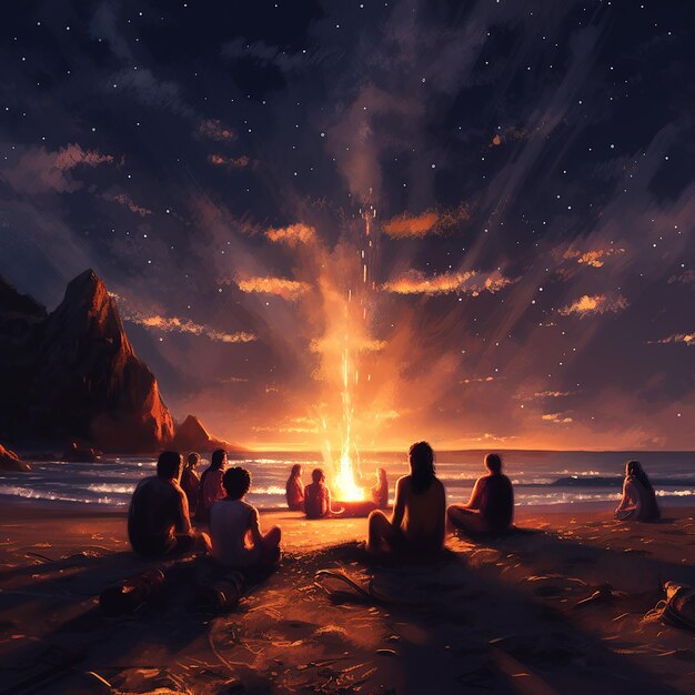 A few friends enjoying a bonfire on the beach under the starry sky