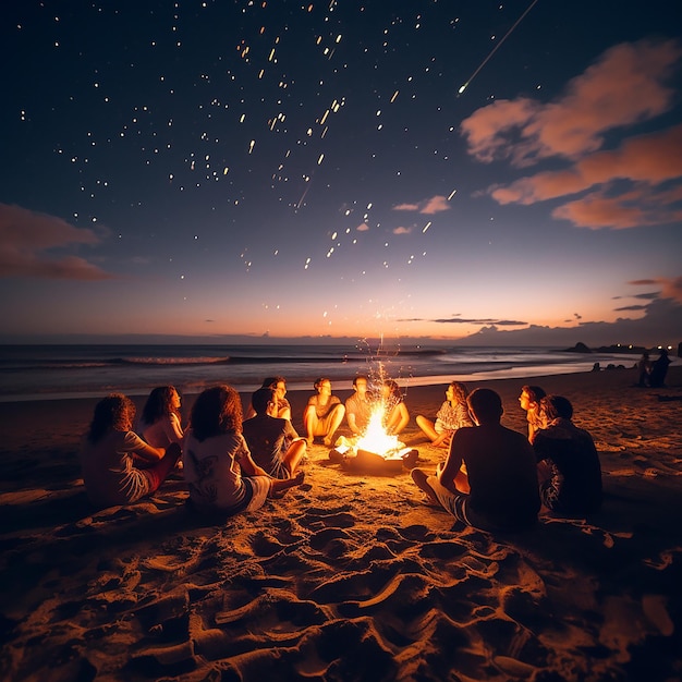 A few friends enjoying a bonfire on the beach under the starry sky