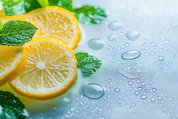 Photo a few lemon slices and mint leaves in water with a silver background water droplets