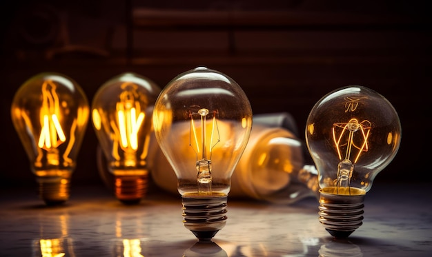 Few luminous light bulbs on the surface Electricity and energy concept Close up Generative AI