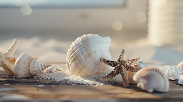 Few marine items on a wooden boards against sandy background Generative AI