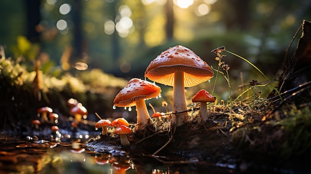 a few orange mushrooms on a log in the woods.