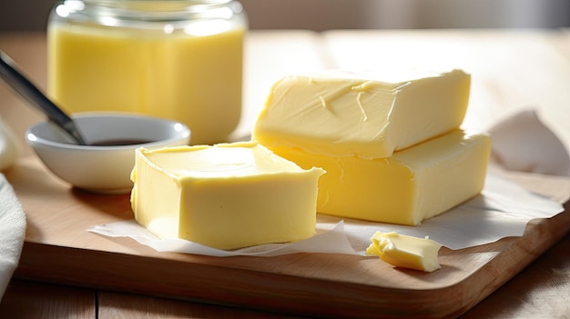 A few pieces of butter on a cutting board