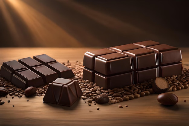 A few pieces of chocolate are on a wooden table with a pile of coffee beans