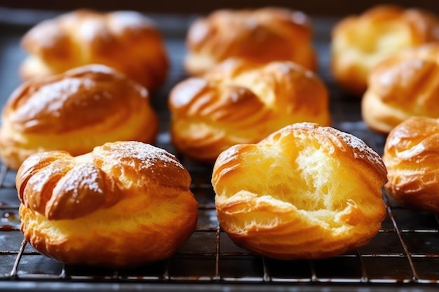 A few puff pastry rolls on a wire rack with one that has been cut open.