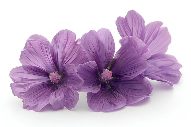 A few purple mallow flowers on a white background