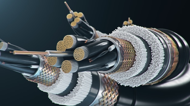 Fiber optic cable on a colored background. Future cable technology. Detailed cable cross section