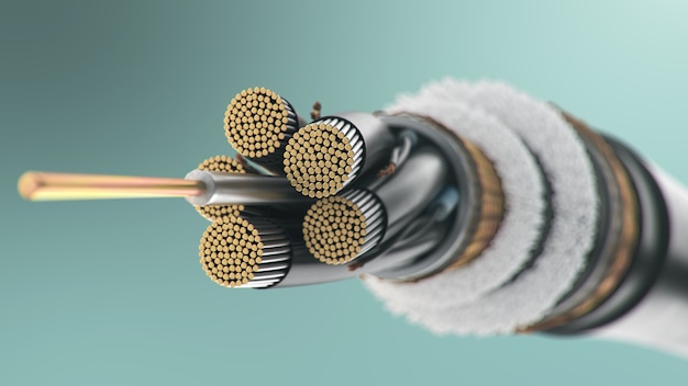 Fiber optic cable on a colored background. Future cable technology. Detailed cable cross section