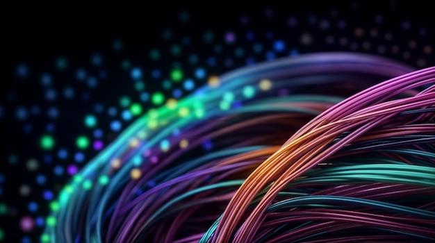 Photo fiber optic cables with colorful bokeh lights on black background