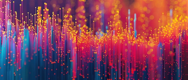 Fiber Optic Cables with Vibrant Data Transmission Closeup of glowing fiber optic cables displaying vibrant streams of data transmission in red and blue hues