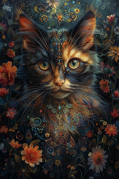 Fibonacci cat image with fibonocci and mandlebrot fractals as a part of the cat amazing eyes orga