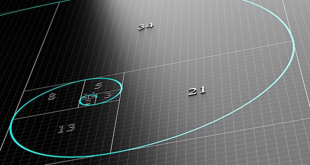 Fibonacci spiral over 3d black background with grid. Science or mathematics concept illustration.