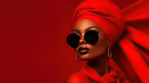 A fictional black woman with a turban and sunglasses poses in front of a red backdrop leaving room for text