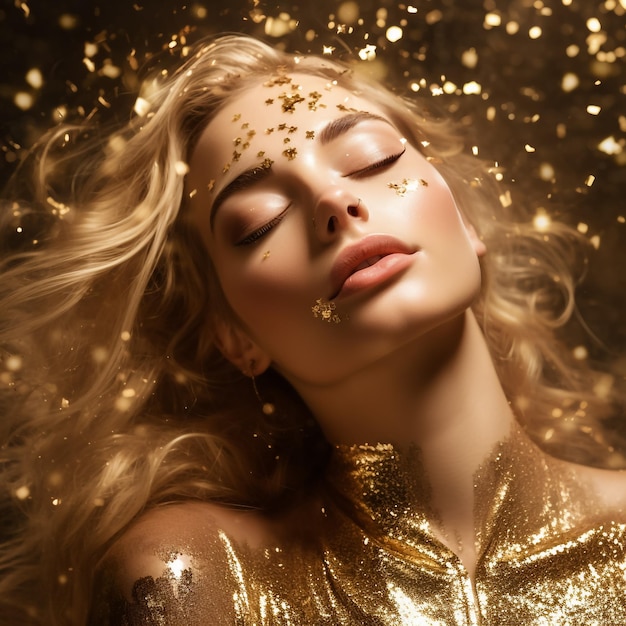 Fictional Blonde Woman in Gold Glittering Dress Closed Eyes Lush Hair Golden Glitter Background