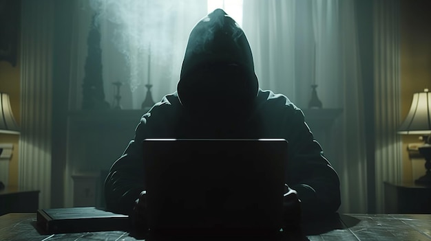 Fictional character in a hood sits in darkness facing laptop at event